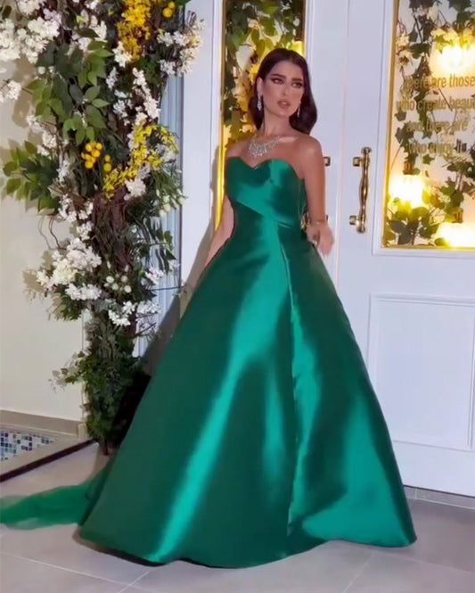 Emerald Satin Strapless Ball Gown Dress