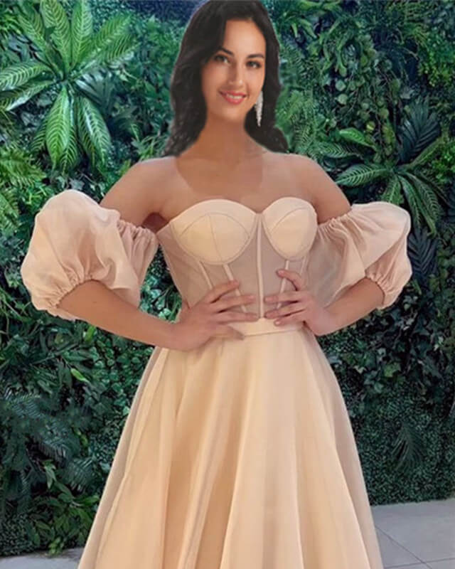 Champagne Tulle Puffy Sleeve Corset Dress