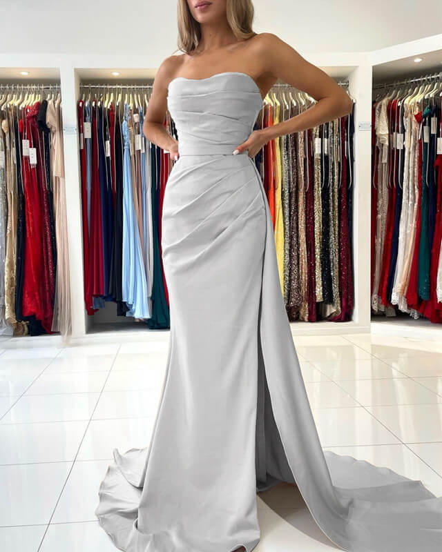 Silver Strapless Prom Dress