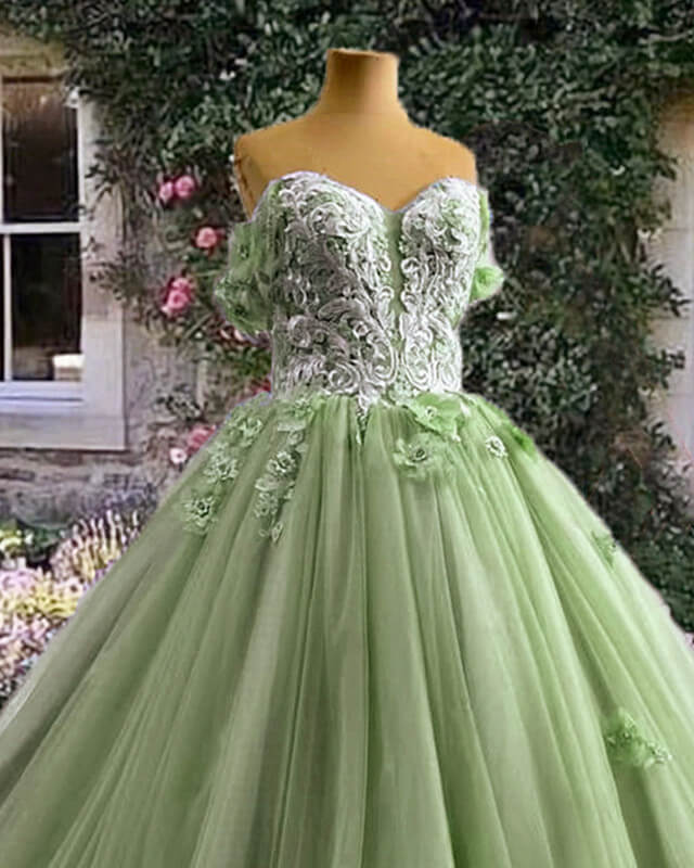 Sage Tulle 3D Lace Flowers Ball Gown Dress