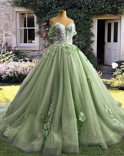 Sage Tulle 3D Lace Flowers Ball Gown Dress Lisposa Sage Tulle 3D Lace Flowers Ball Gown Dress Lisposa