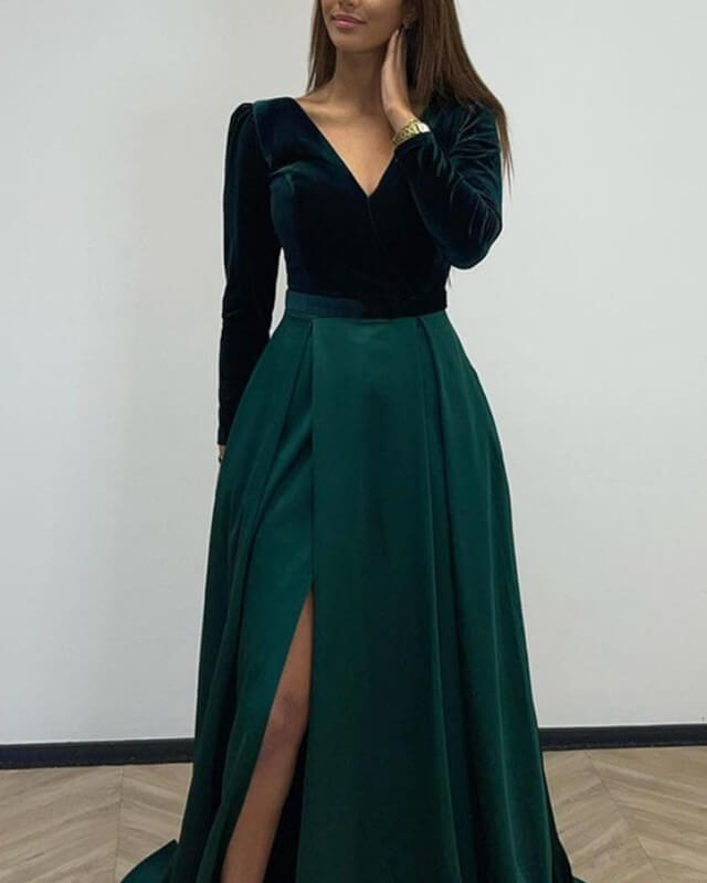 Green Velvet Long Sleeve Split Satin Dress