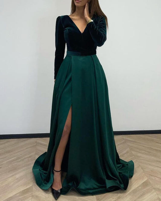 Green Velvet Long Sleeve Split Satin Dress