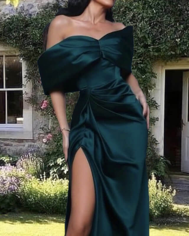 Hunter Green Satin Sheath Gown