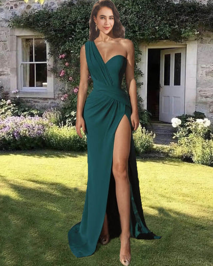 peacock one shoulder prom dress Peacock One Shoulder High Slit Gown 26146