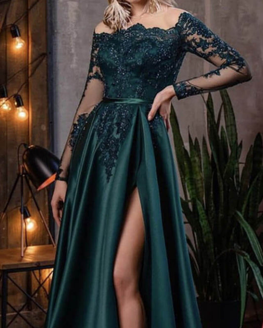 Sheer Neckline Lace Long Sleeve Satin Split Dress