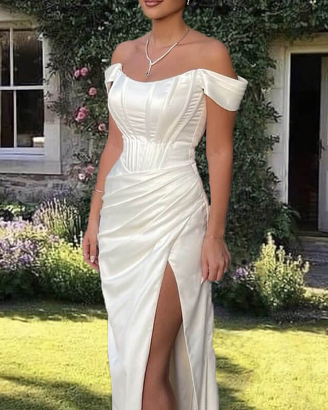 Mermaid White Satin Corset Slit Dress