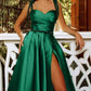 Long Emerald Satin Sweetheart Split Dress