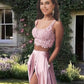 Two Piece Pink Satin Prom Dress With Pockets