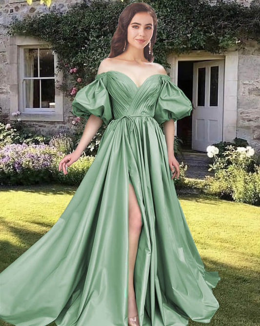 Sage Satin Prom Dress With Sleeve