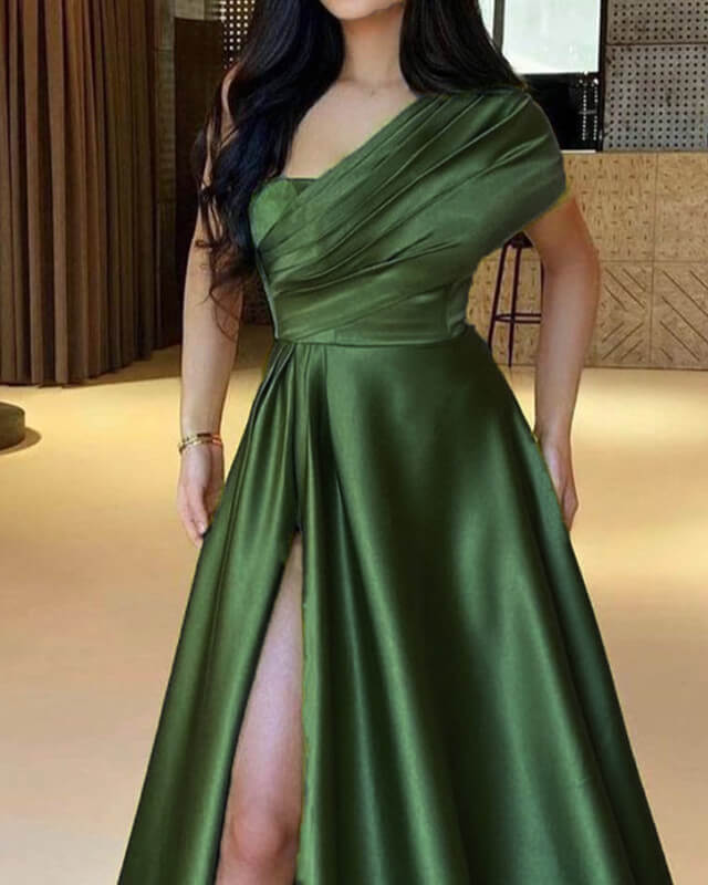 Olive Green Satin One Shoulder Slit Dress