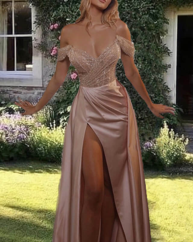 rose gold off shoulder dress 242GL3209 Rose Gold Off-Shoulder Tulle Long Slim Dress