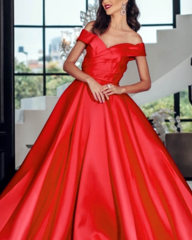 Long Red Off Shoulder Satin Gown