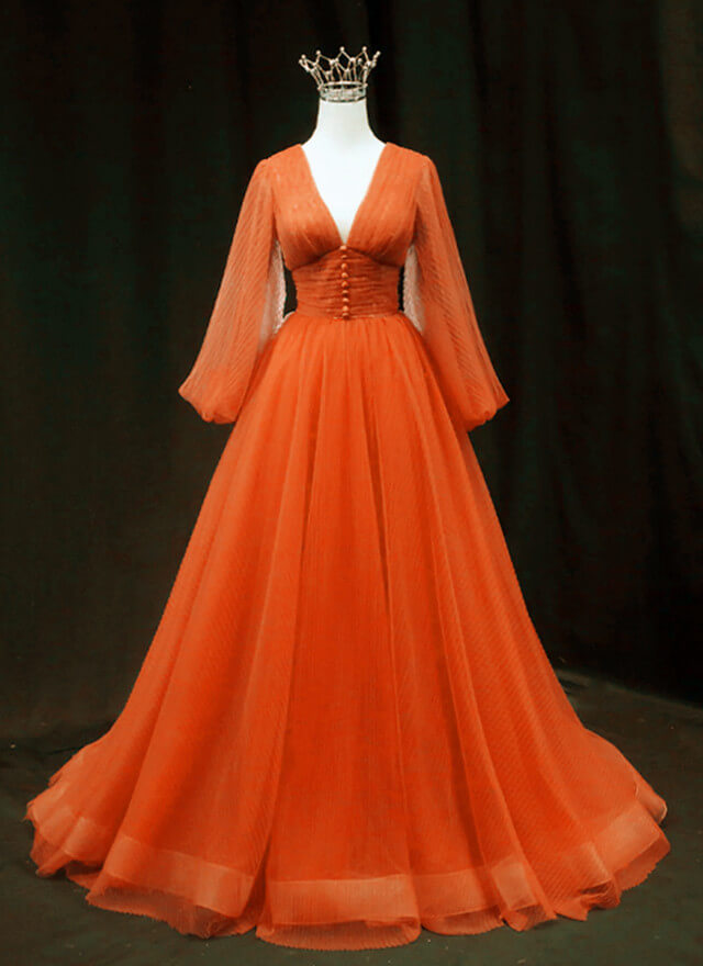 Orange Tulle V-neck Sleeved Prom Dress