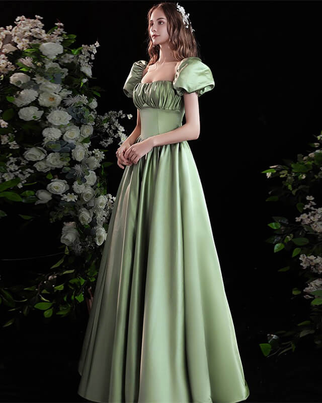 Tilskynde titel Anmelder Puffy Sleeve Sage Green Satin Prom Dress – Lisposa