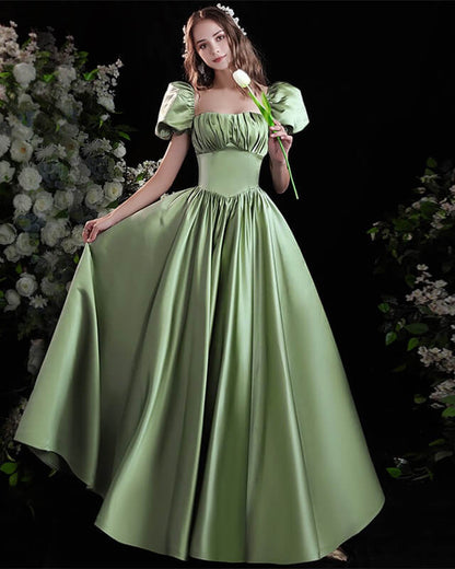 light green silk dress Puffy Sleeve Sage Green Satin Prom Dress – Lisposa