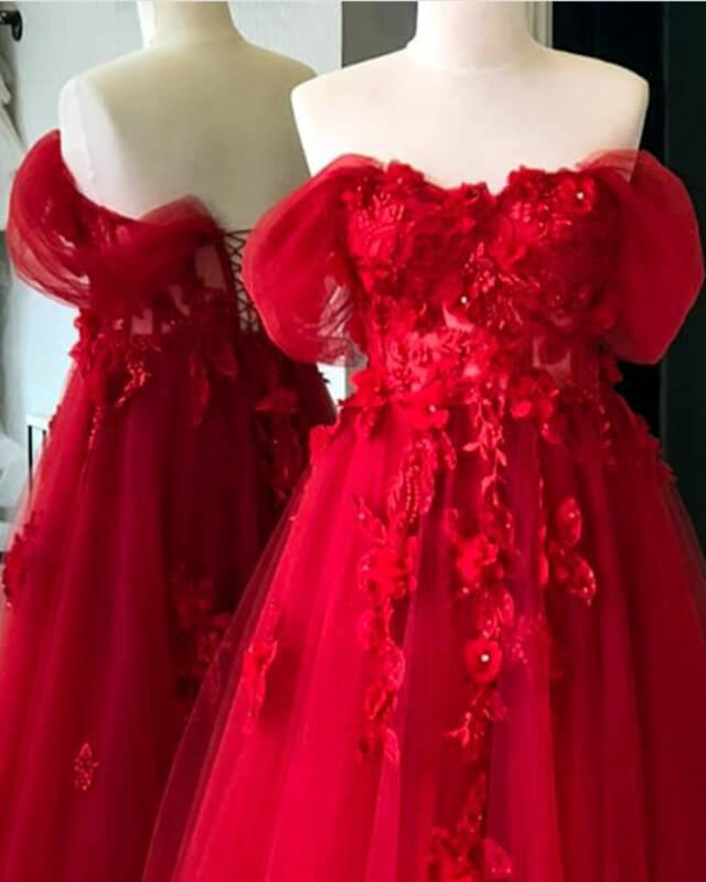 Red Tulle Corset Dress With 3D Lace Flowers