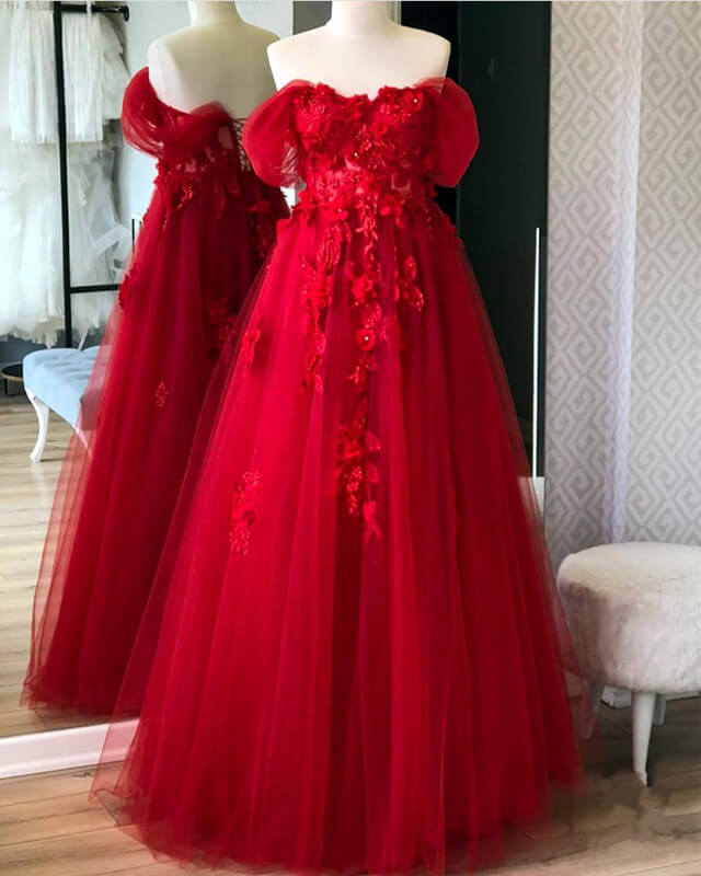 Red Tulle Prom Long Dress