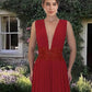 Deep Red Chiffon V-neck Floor Length Dress