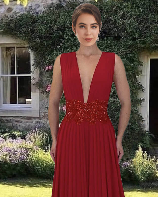 Deep Red Chiffon V-neck Floor Length Dress