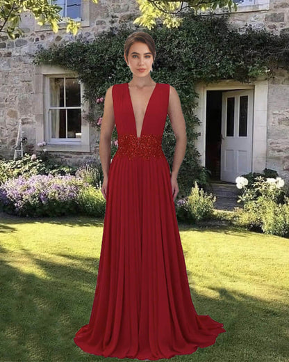 dark red chiffon dress Wholesale Red Chiffon A-Line burgundy long party dress with Speaker Sleeves and Flowy V-Neckline