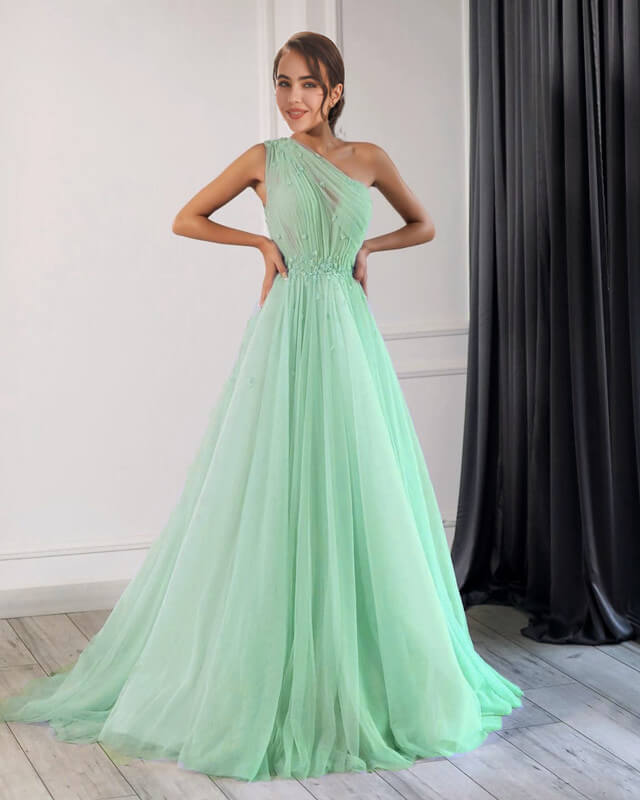 Green One Shoulder Gown