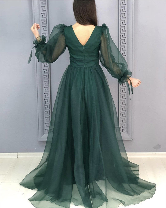 Long Sleeves Tulle V Neck Ruffles Prom Dresses – Lisposa