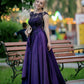 Modest Satin Prom Long Dresses Lace Beaded Cap Sleeves