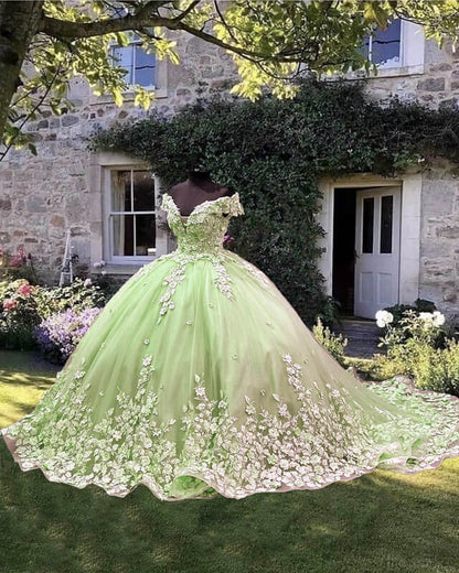 Light Green Off Shoulder Ball Gown Dress With 3D Lace Flowers Lisposa Light Green Off Shoulder Ball Gown Dress With 3D Lace Flowers Lisposa