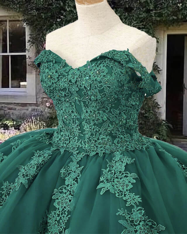 Emerald Off Shoulder Tulle Ball Gown Appliques Dress