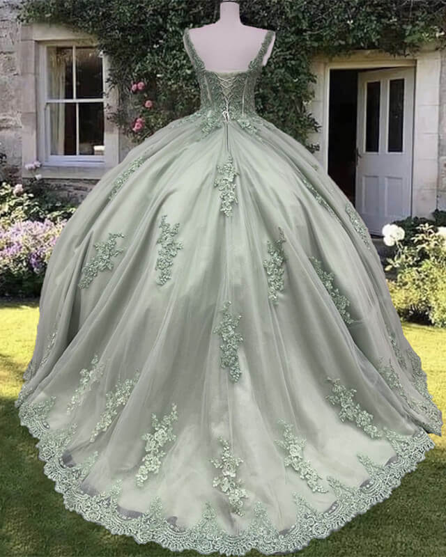 Sage Corset Ball Gown Appliques Tulle Dress