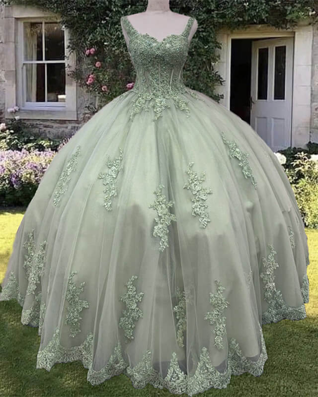 Sage Green Ball Gown Spaghetti Straps Dress – Lisposa