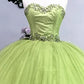 Beaded Strapless Sage Tulle Ball Gown Dress