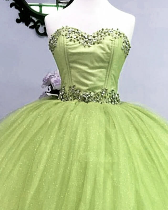 Beaded Strapless Sage Tulle Ball Gown Dress