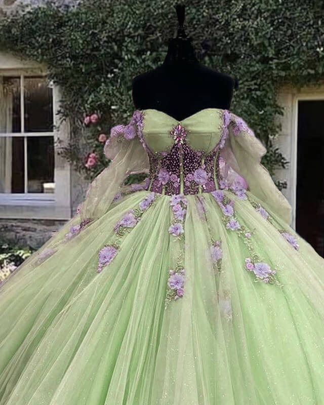 Sage Long Sleeve Ball Gown Dress With Purple Flowers Lisposa Sage Long Sleeve Ball Gown Dress With Purple Flowers Lisposa