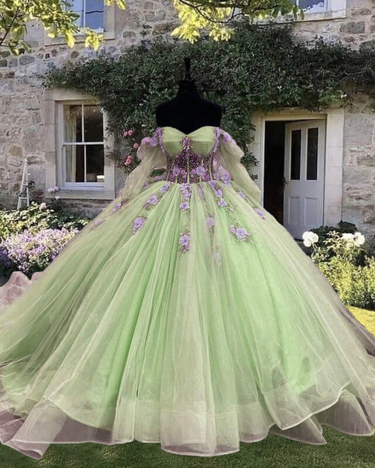 Sage Long Sleeve Ball Gown Dress With Purple Flowers