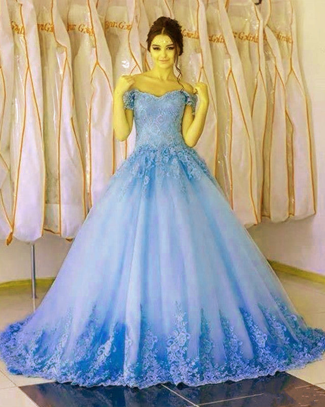 Tulle Ball Gown Off The Shoulder Quinceanera Dresses Lace Embroidery