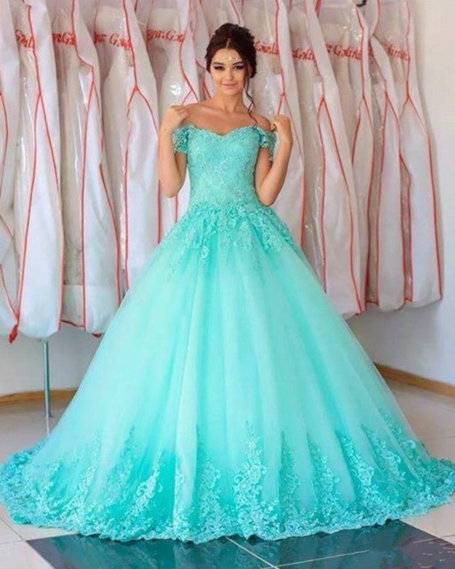 Tulle Ball Gown Off The Shoulder Quinceanera Dresses Lace Embroidery – Lisposa