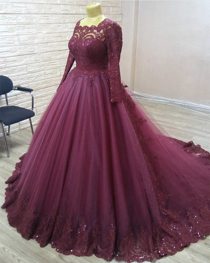 Elegant Lace Long Sleeves Prom Ball Gown Dresses