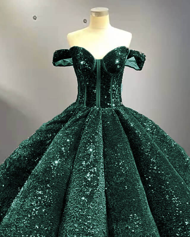 Green Sequin Off The Shoulder Ball Gown