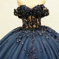 Navy Tulle Corset Dress With 3D Lace Flowers