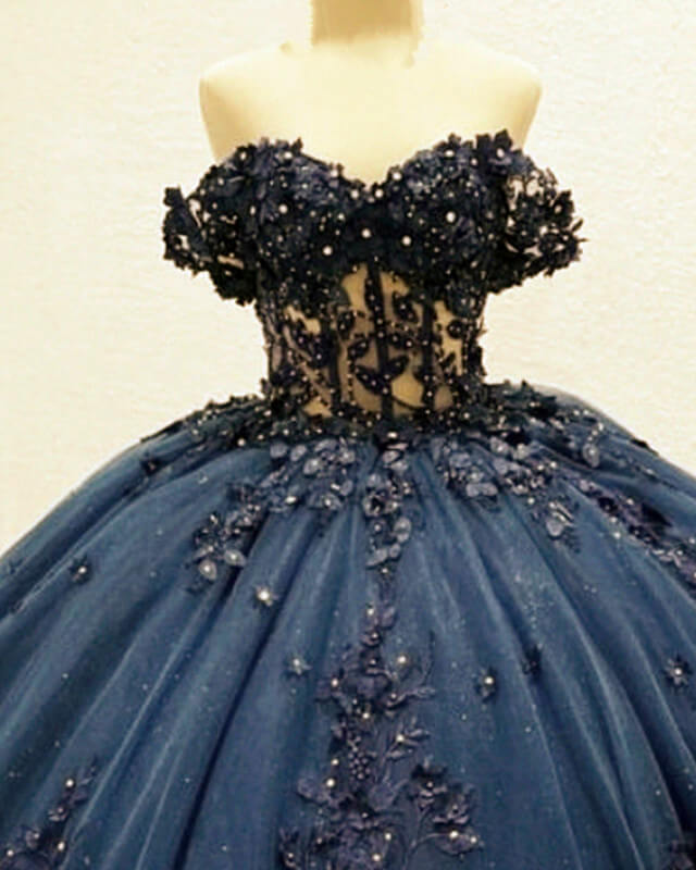 Navy Tulle Corset Dress With 3D Lace Flowers Lisposa Navy Tulle Corset Dress With 3D Lace Flowers Lisposa