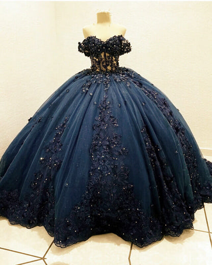 Navy Tulle Corset Dress With 3D Lace Flowers Lisposa Navy Tulle Corset Dress With 3D Lace Flowers Lisposa