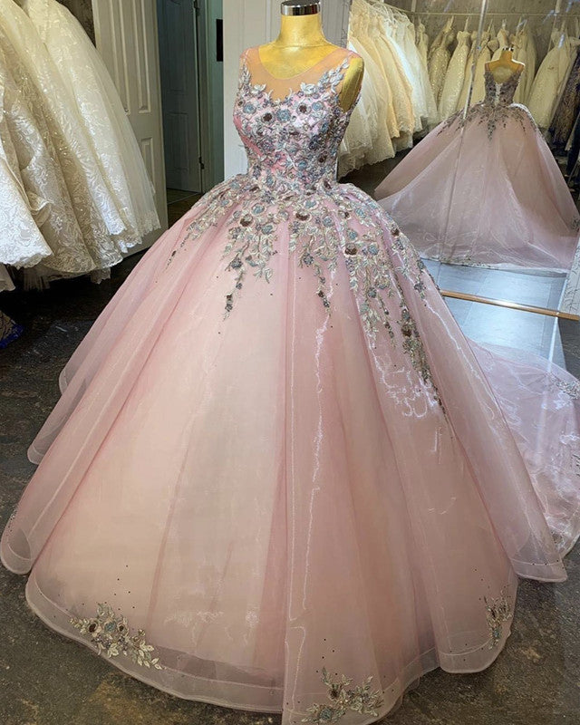 Lace Embroidery Quinceanera Dresses Ball Gown Sheer Neck