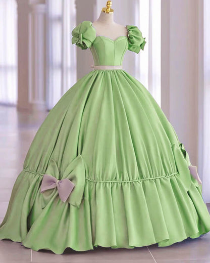 Modest Sage Satin Ball Gown Dress With Bow