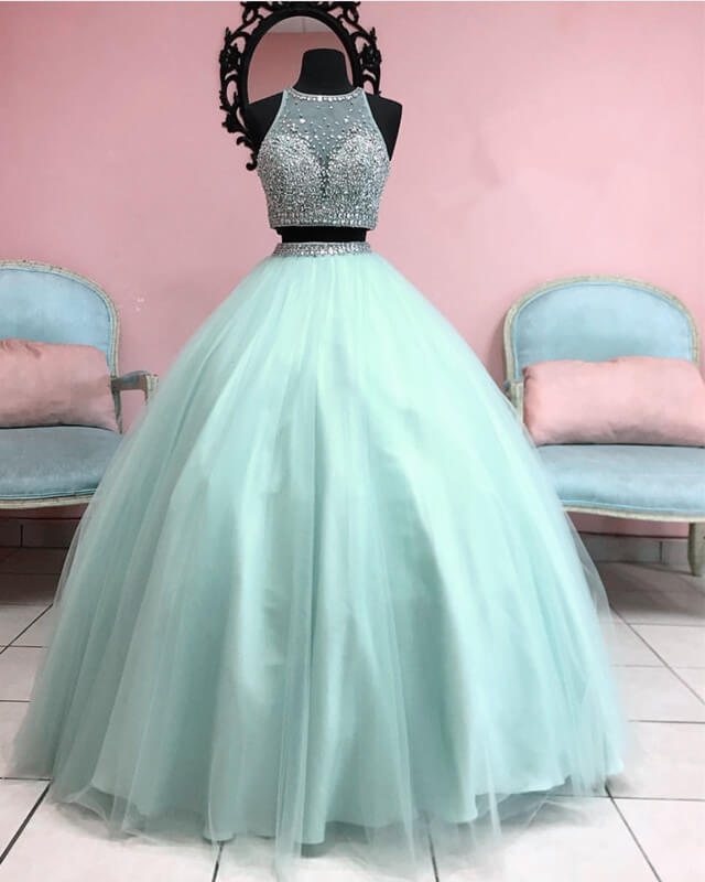 Two Piece Ball Gown Dress With Beaded Crop Top – Lisposa