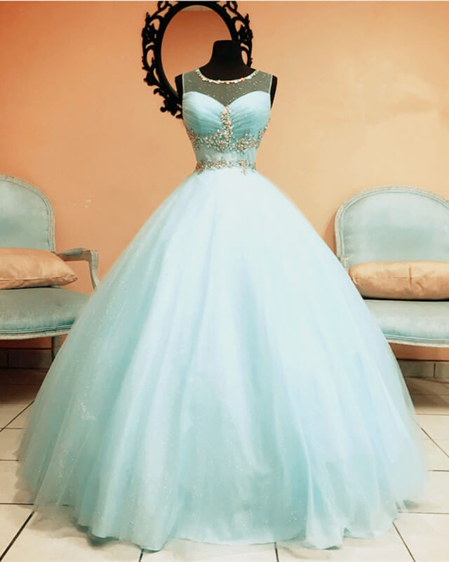 Baby Blue Tulle Scoop Neck Ball Gown