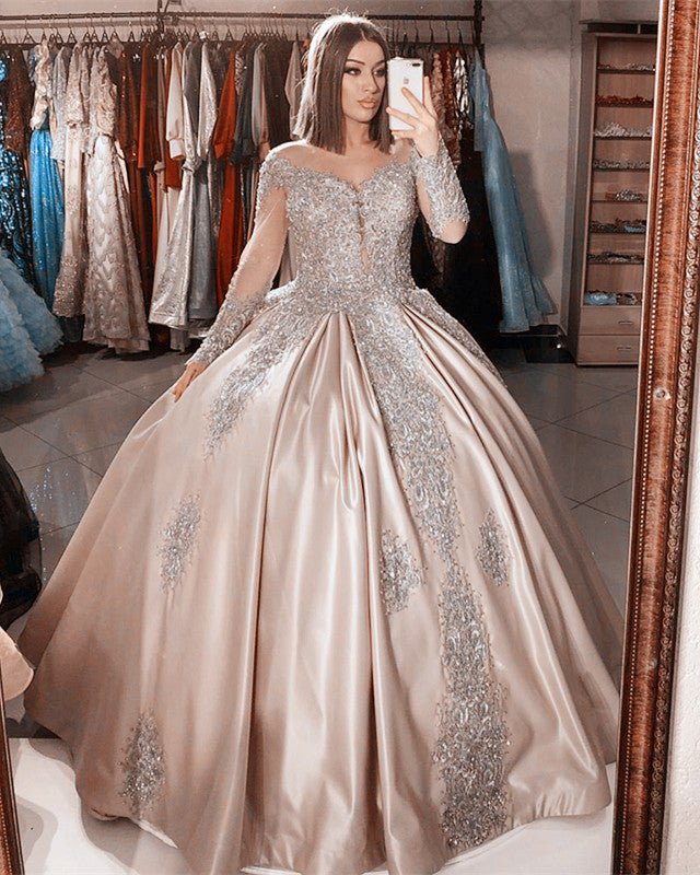 Ball Gown Quinceanera Dresses Long Sleeves Lace Appliques