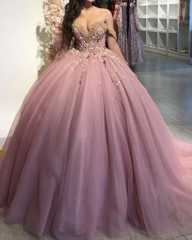 Tulle Quinceanera Dresses Ball Gown Sequins Beaded Off The Shoulder – Lisposa