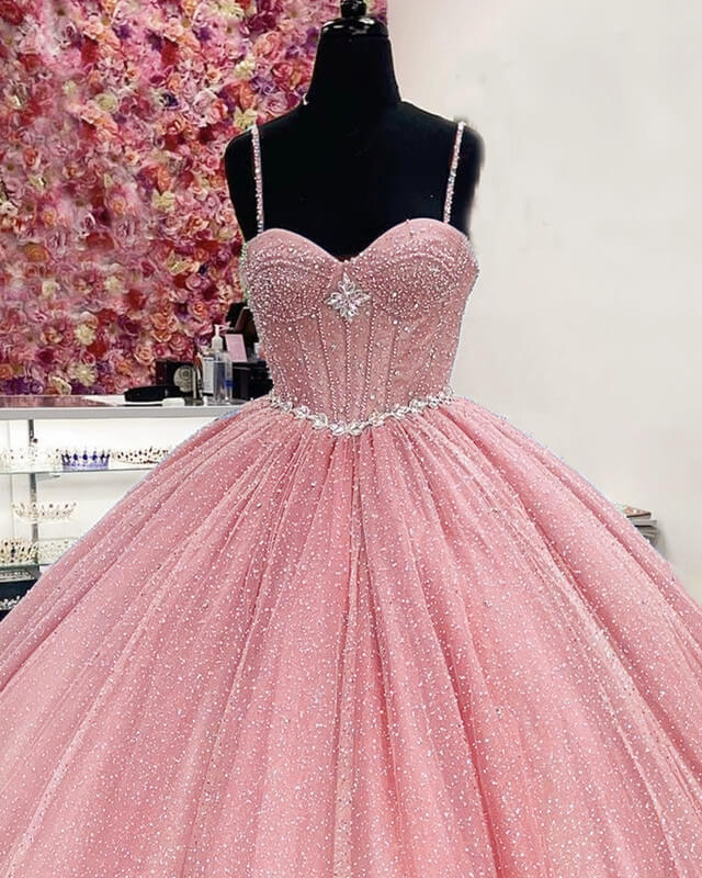 pink sparkly corset dress Light Pink Sparkle Tulle Corset Gown With Floral Appliqu